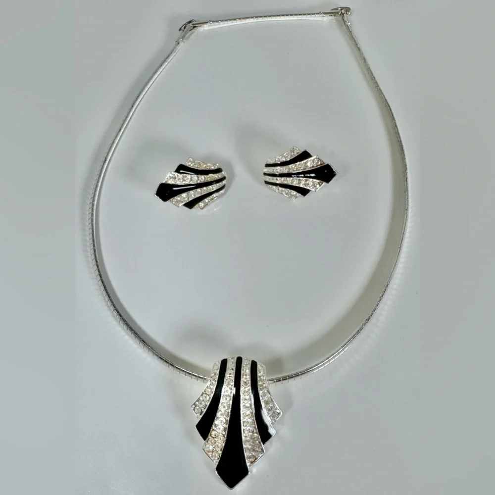Avon Nina Ricci Black Enamel Rhinestone Silver Tone Necklace & Clip Earrings
